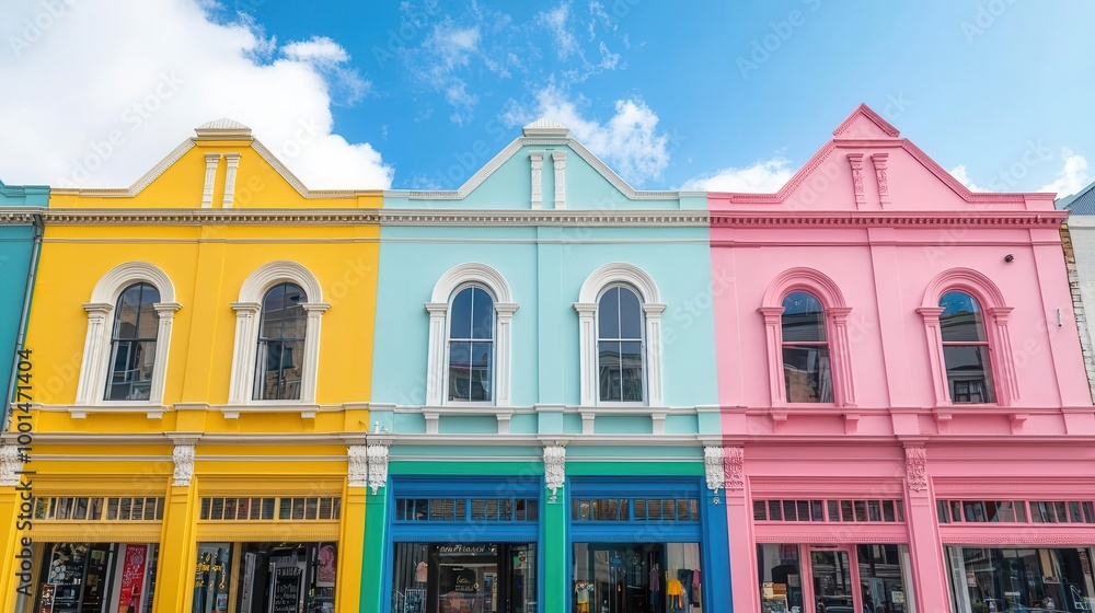 Fototapeta premium The historic buildings of New Regent Street with their colorful facades and quaint cafes, a lively area in Christchurch city