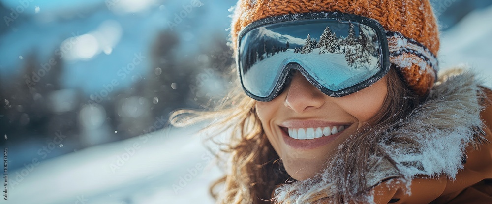 Happy Woman in Winter Wonderland Wearing Ski Goggles Happy Woman in Winter Wonderland Wearing Ski Goggles