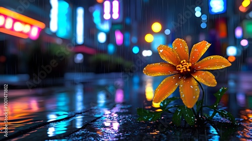 36. Gritty wet street flower in bloom illuminated by vibrant neon lights photo