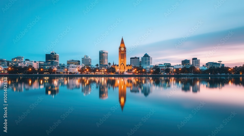 Fototapeta premium Night view of the Christchurch city skyline with the Cathedral Square illuminated, reflecting the city's vibrant nightlife