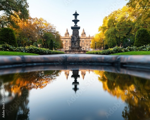 A quiet morning in Victoria Square, with the historic Bowker Fountain and manicured gardens reflecting in the still water photo