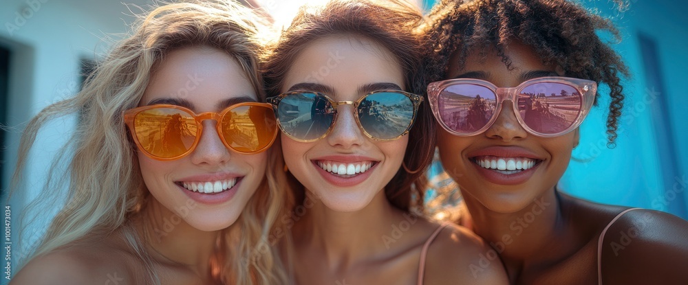 Three Diverse Women Smiling and Wearing Sunglasses Three Diverse Women Smiling and Wearing Sunglasses