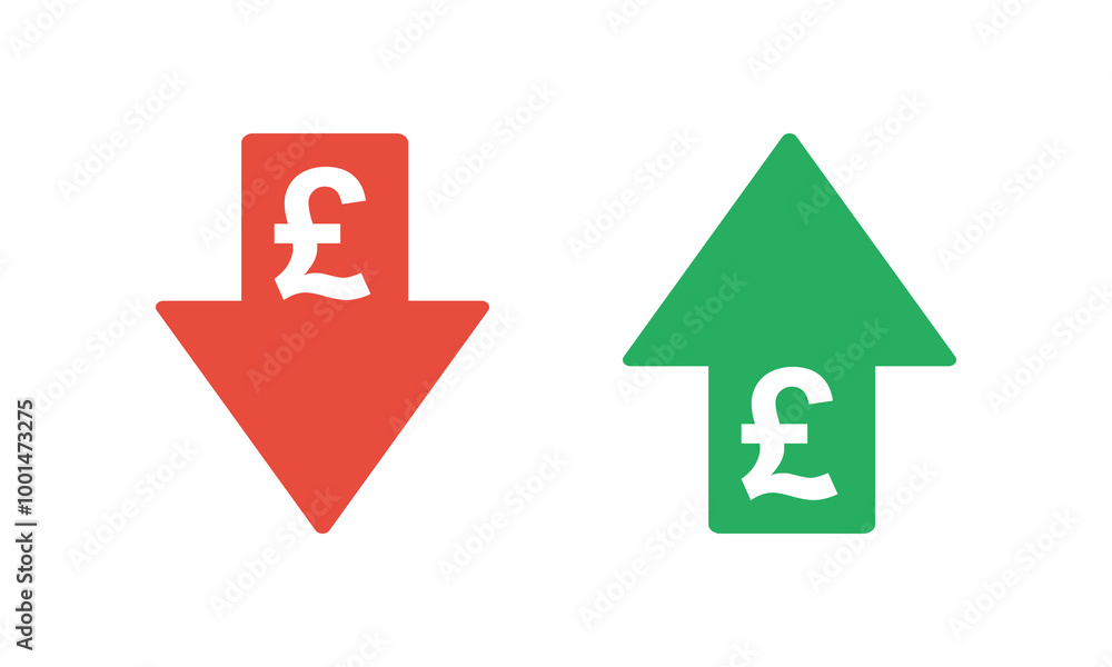 pound sterling sign with green up and red down arrows, tax or inflation indicator, price or income vector icon pound sterling sign with green up and red down arrows, tax or inflation indicator, price or income vector icon