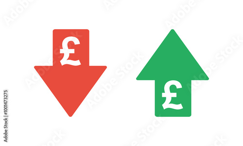 pound sterling sign with green up and red down arrows, tax or inflation indicator, price or income vector icon
