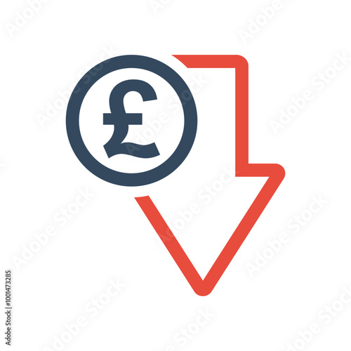 pound sterling coin and red down arrow, negative economic dynamic concept, united kingdom currency decrease exchange rate indicator