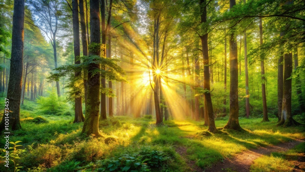 Fototapeta premium Idyllic forest bathed in golden sunlight, serene nature with lush greenery, tranquil woodland scenery, peaceful outdoor landscape, beautiful sunbeams shining through trees, scenic