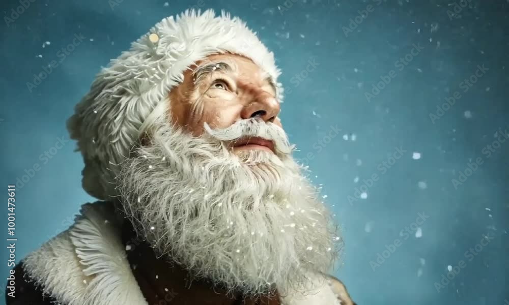 Snowy Portrait of a Joyful Elderly Man in Santa Claus Costume Snowy Portrait of a Joyful Elderly Man in Santa Claus Costume