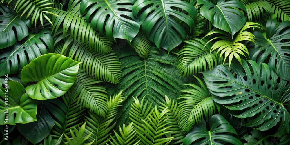 Lush green tropical leaves monstera palm fern backdrop with ornamental plants for design concept or nature backgrounds Lush green tropical leaves monstera palm fern backdrop with ornamental plants for design concept or nature backgrounds