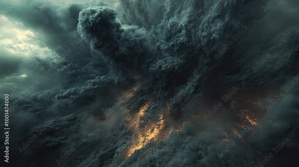 Fototapeta premium Thick black smoke swirling violently into the sky from an explosion, with dark, turbulent clouds of smoke forming ominous patterns.