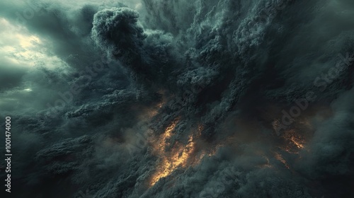 Thick black smoke swirling violently into the sky from an explosion, with dark, turbulent clouds of smoke forming ominous patterns.