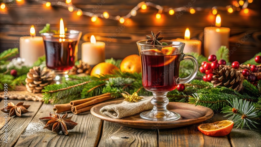 Cozy rustic table setting with mulled wine and decorations for winter holiday concept Cozy rustic table setting with mulled wine and decorations for winter holiday concept