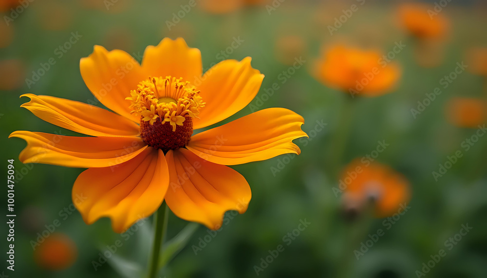 Vibrant orange cosmos flower in soft focus garden with copy space Vibrant orange cosmos flower in soft focus garden with copy space