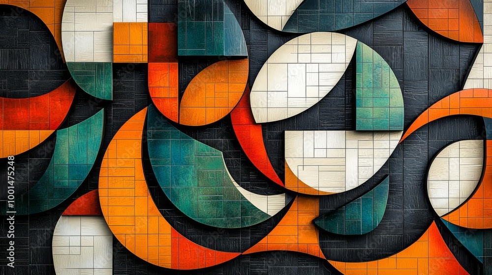 Fototapeta premium Abstract geometric patterns with vibrant colors on dark background, modern design.