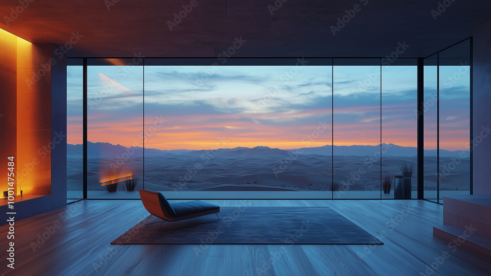 Fototapeta premium Home with a large glass window and a beautiful view of a desert dunes - modern, interior, design, minimalist, sunset, landscape, window, glass, view, space, luxury, living room, serenity, tranquility,