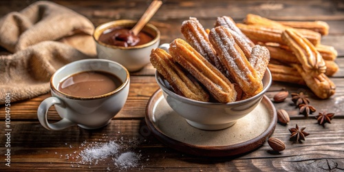 Traditional Spanish street food churros with sugar, cinnamon, and hot chocolate in rustic setting