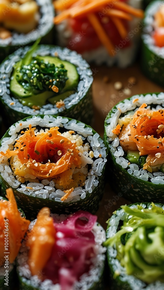 A close-up of vibrant sushi rolls highlights colorful vegetables and sesame seeds. A close-up of vibrant sushi rolls highlights colorful vegetables and sesame seeds.
