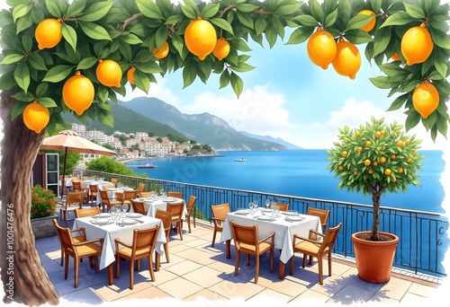 hand drawn watercolor painting of lemon trees restaurant in Capri. Landmark painting with ripe lemons, plant, terrace, table set up, chairs, parasol, sea view, Island, costal town and sunny sky
 photo