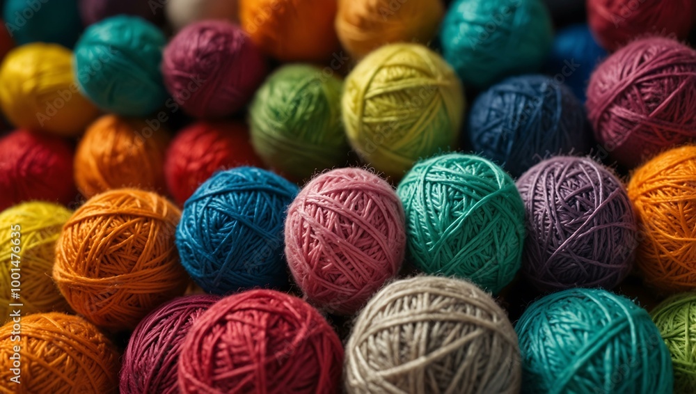 A collection of colorful yarn balls is stacked in a vibrant display. A collection of colorful yarn balls is stacked in a vibrant display.