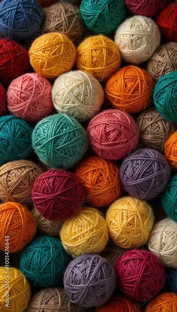 A colorful collection of yarn balls is arranged in a pile. A colorful collection of yarn balls is arranged in a pile.