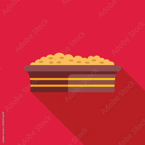 Full dog bowl with dry food lying on red background, flat style, vector illustration
