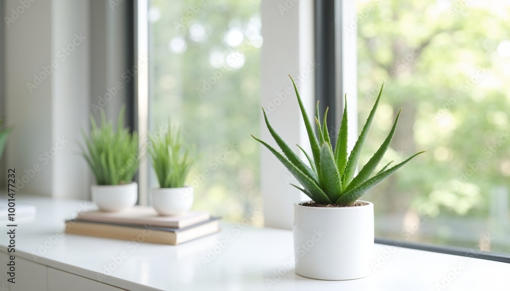 Minimalist aloe vera plant on white windowsill with blurred green background Minimalist aloe vera plant on white windowsill with blurred green background
