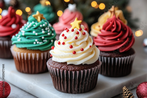 Colorful Christmas cupcakes with icing and sprinkles close up