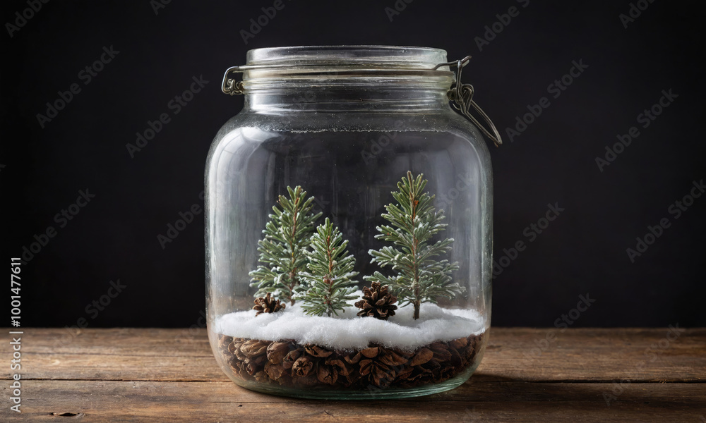 A glass jar with a winter scene inside sits on a wooden table A glass jar with a winter scene inside sits on a wooden table