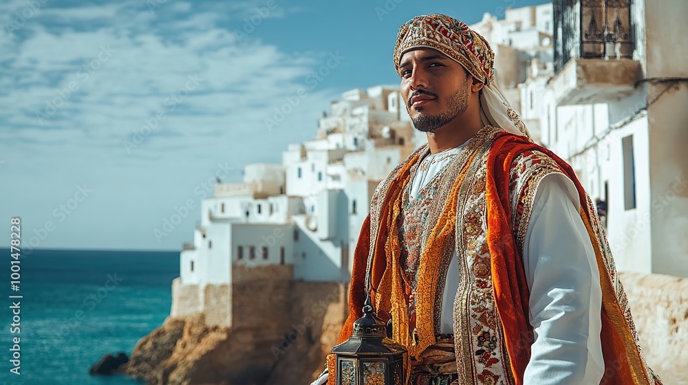 Fototapeta premium A man in a traditional Algerian karakou, standing in front of a historic Mediterranean coastal town with whitewashed buildings.