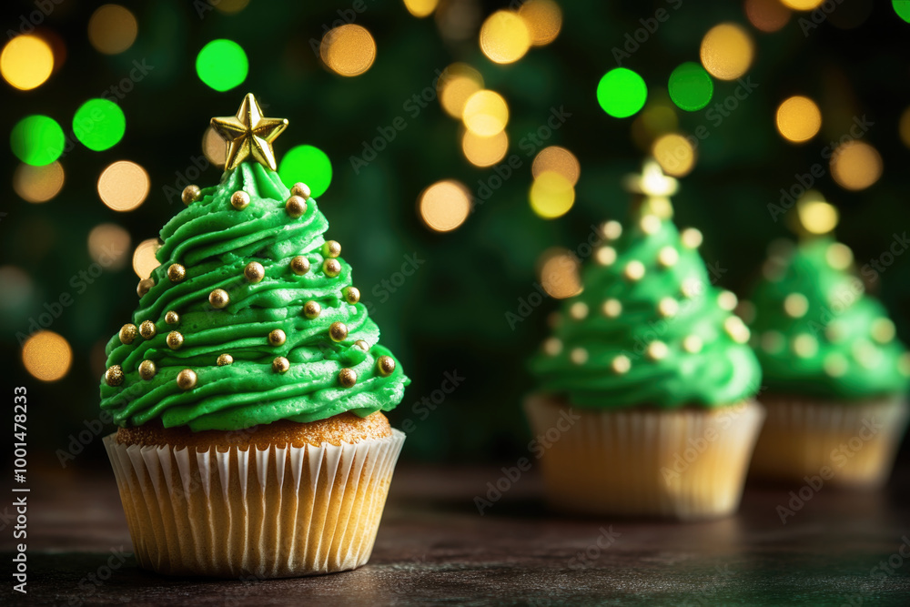 Green Christmas tree shaped cupcakes with sprinkles Green Christmas tree shaped cupcakes with sprinkles