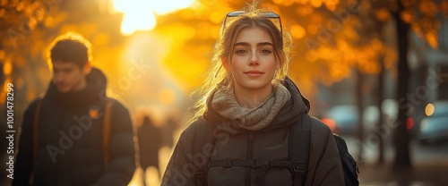 Young Woman Walking in Autumn with Golden Sunlight