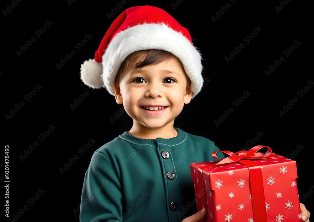 Happy little boy wearing Santa hat holding a gift ,children and family holidays and Christmas concept Happy little boy wearing Santa hat holding a gift ,children and family holidays and Christmas concept