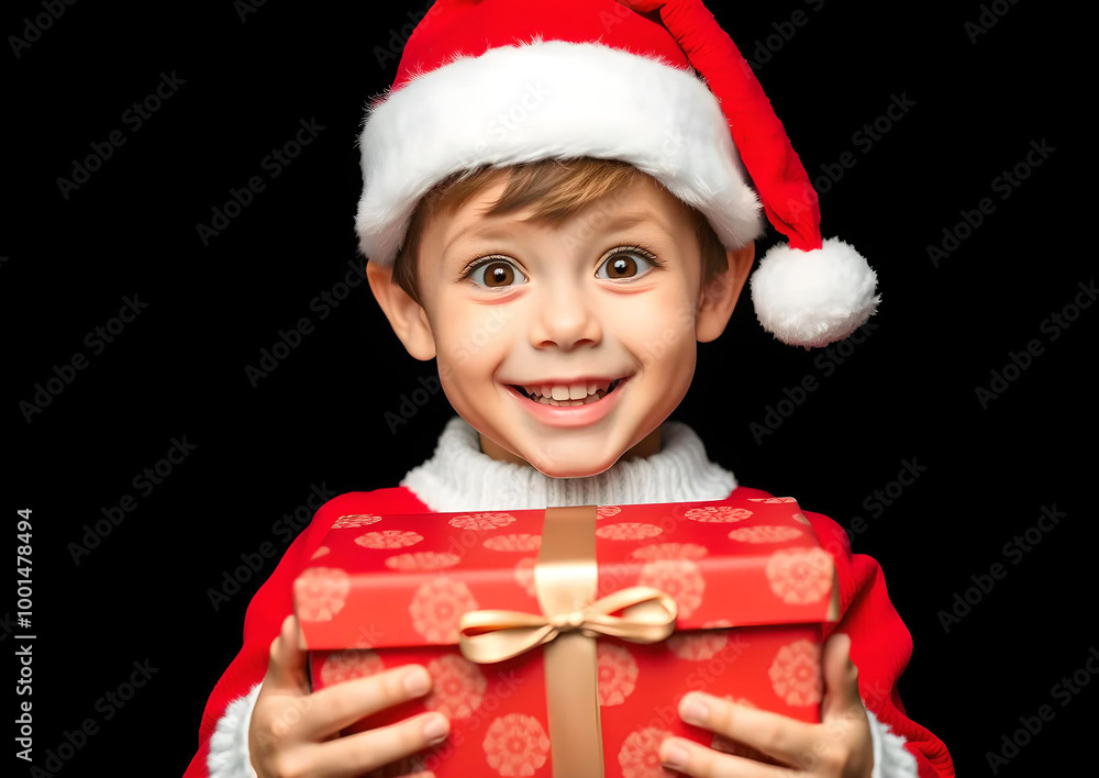 Happy little boy wearing Santa hat holding a gift ,children and family holidays and Christmas concept Happy little boy wearing Santa hat holding a gift ,children and family holidays and Christmas concept