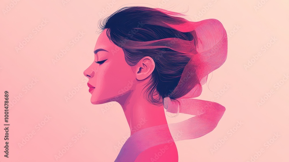 A vibrant profile illustration of a woman with flowing hair against a soft pastel background, capturing grace and beauty, symbolizing breast cancer awareness. A vibrant profile illustration of a woman with flowing hair against a soft pastel background, capturing grace and beauty, symbolizing breast cancer awareness.