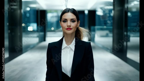 Wallpaper Mural A young businesswoman in a business suit confidently walking through a modern office. Concept of strength and professionalism. Torontodigital.ca