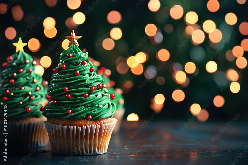 Green Christmas tree shaped cupcakes with sprinkles Green Christmas tree shaped cupcakes with sprinkles