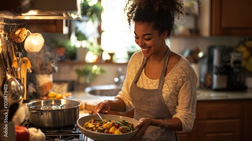 A woman cooking a special dinner, smiling as she prepares a dish in a cozy kitchen.
