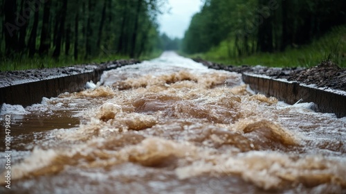 A flash flood turning a peaceful creek into a raging river, water overflowing onto nearby roads