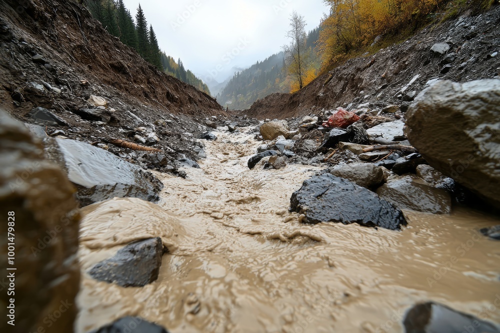 A muddy torrent surging down a mountainside, sweeping up rocks and trees in its wake A muddy torrent surging down a mountainside, sweeping up rocks and trees in its wake