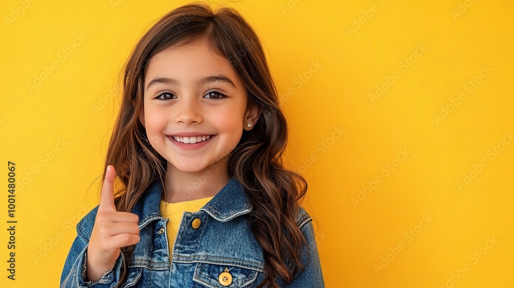 Cheerful Girl with Denim Jacket on Yellow Background Cheerful Girl with Denim Jacket on Yellow Background