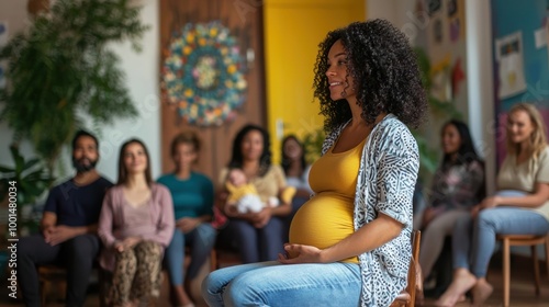 A midwife teaching a birthing class, with a diverse group of expectant parents.