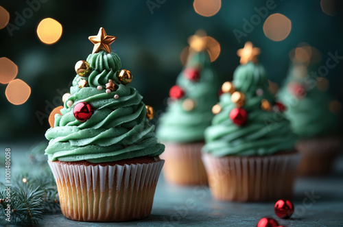 Green Christmas tree shaped cupcakes with sprinkles photo