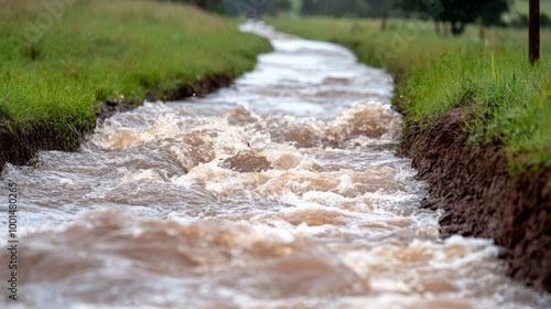 A small river overwhelmed by flash floodwaters, turning into a fast-moving torrent through the countryside