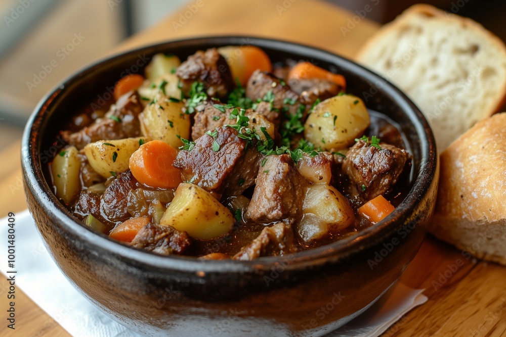 Traditional Irish Stew with Tender Lamb, Root Vegetables, and Crusty Soda Bread Served in a Rustic Ceramic Bowl on Wooden Table Traditional Irish Stew with Tender Lamb, Root Vegetables, and Crusty Soda Bread Served in a Rustic Ceramic Bowl on Wooden Table