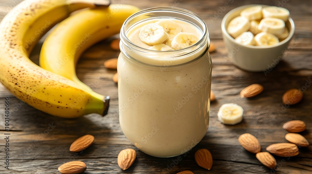 Healthy Banana Protein Shake in Mason Jar, food, drink, almonds, nutrition Healthy Banana Protein Shake in Mason Jar, food, drink, almonds, nutrition