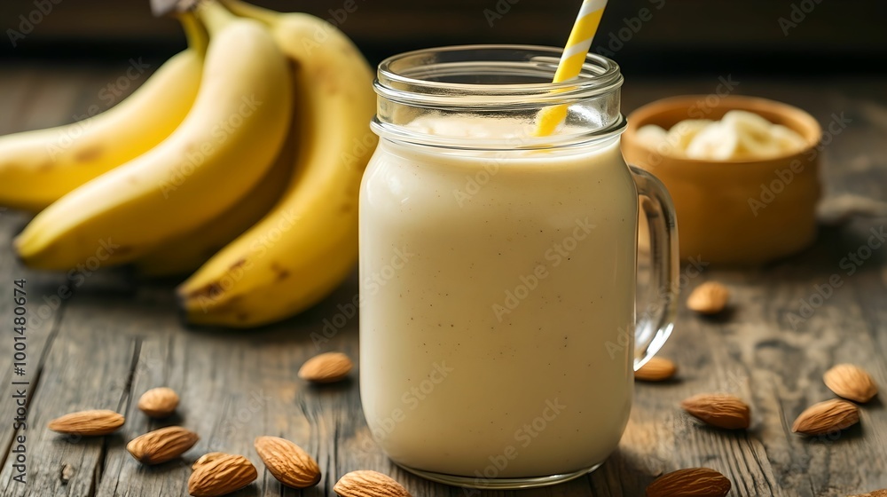 Healthy Banana Protein Shake in Mason Jar, food, drink, almonds, nutrition Healthy Banana Protein Shake in Mason Jar, food, drink, almonds, nutrition