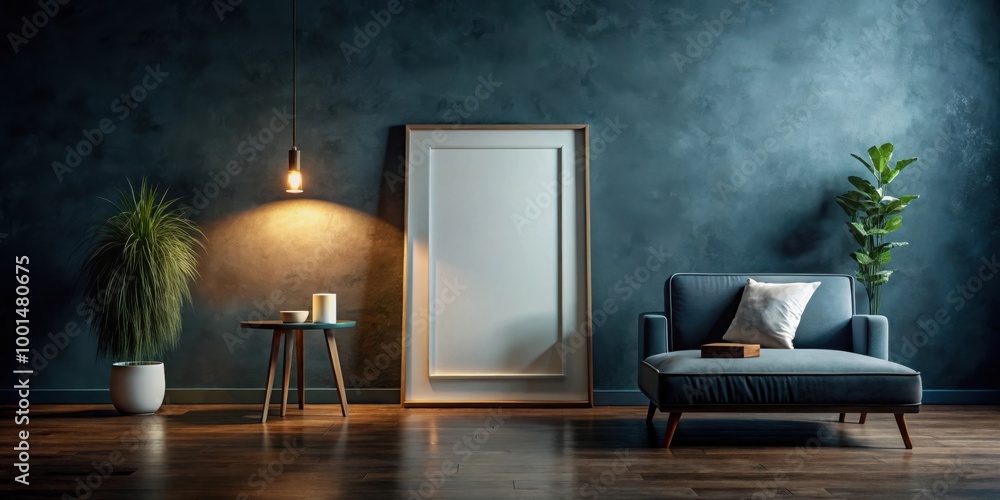 Moody Home Interior with Blank Poster Frame Mockup in Dark Setting for Designers Moody Home Interior with Blank Poster Frame Mockup in Dark Setting for Designers