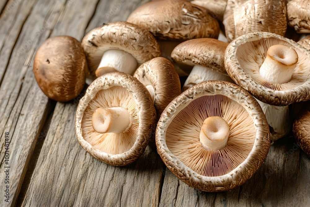 Premium Shiitake Mushrooms on Rustic Wood, fresh, organic, nature, food Premium Shiitake Mushrooms on Rustic Wood, fresh, organic, nature, food