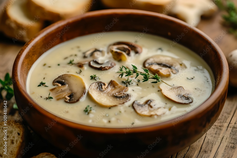 Creamy Gourmet Mushroom Dish on a Rustic Table, food, herbs, cooking, delicious Creamy Gourmet Mushroom Dish on a Rustic Table, food, herbs, cooking, delicious