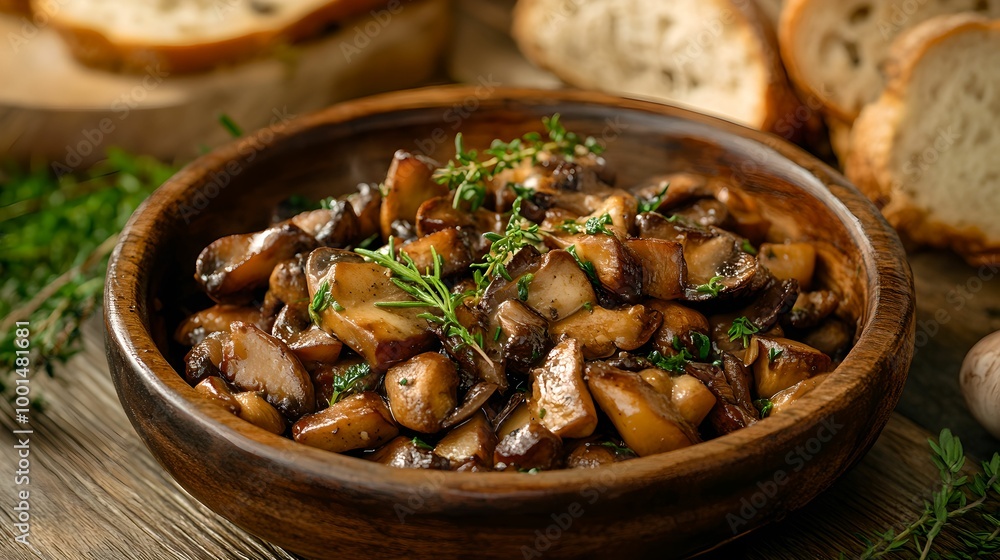 Rustic Mushroom Dish with Crusty Bread, food, meal, herbs, cooking Rustic Mushroom Dish with Crusty Bread, food, meal, herbs, cooking