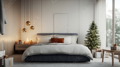 Modern Bedroom Decorated for Christmas with Tree and Gift Boxes photo